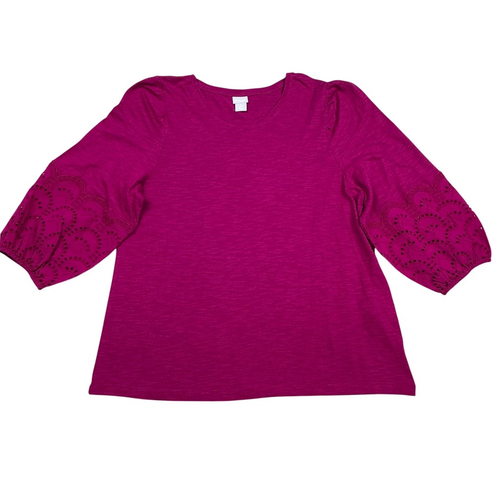 Chicos Eyelet sleeve top Magenta Slub Knit‎ 3/4 Sleeve Puff Shoulder Top 2 L